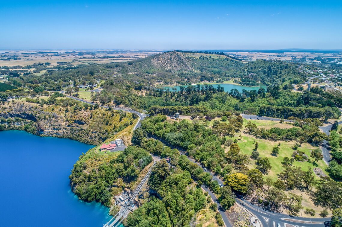 Aerial view of Blue Lake and Valley Lake at Mount Gambier, South Australia