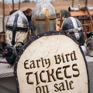 Helmets and a shield on display