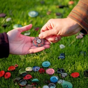 two hands exchanging colourful trinkets